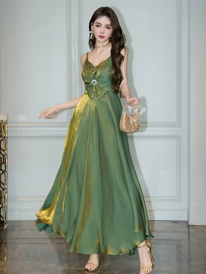 Elegant Satin Spaghetti Strap Vacation Holiday Beach Clothes Sweet Bow Sling A-Line Maxi Long Dress