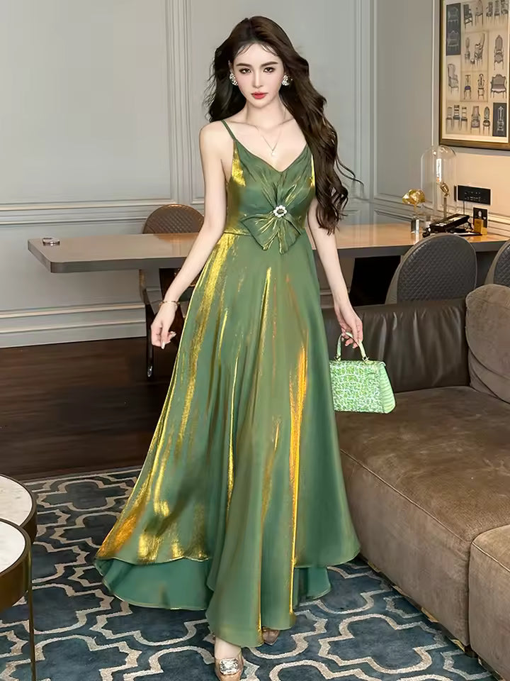 Elegant Satin Spaghetti Strap Vacation Holiday Beach Clothes Sweet Bow Sling A-Line Maxi Long Dress
