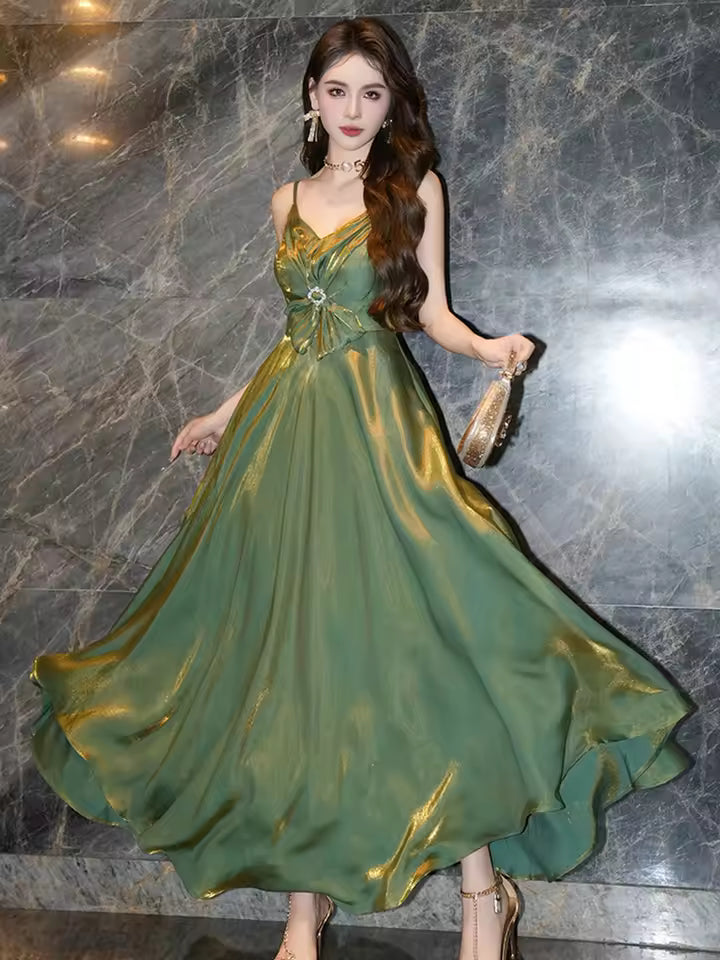 Elegant Satin Spaghetti Strap Vacation Holiday Beach Clothes Sweet Bow Sling A-Line Maxi Long Dress