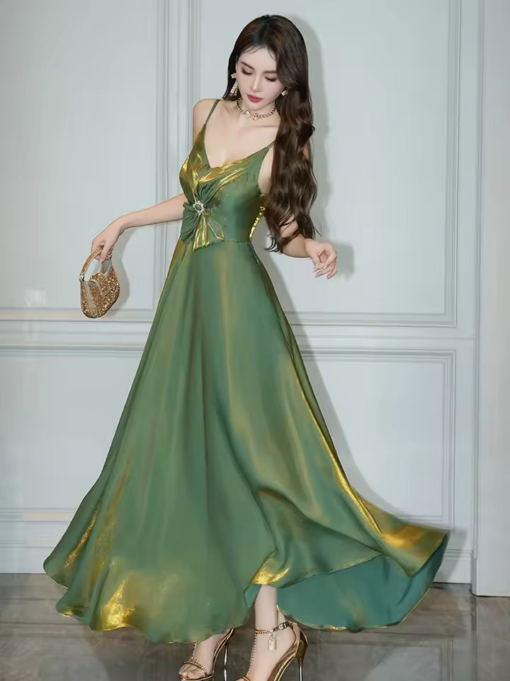 Elegant Satin Spaghetti Strap Vacation Holiday Beach Clothes Sweet Bow Sling A-Line Maxi Long Dress