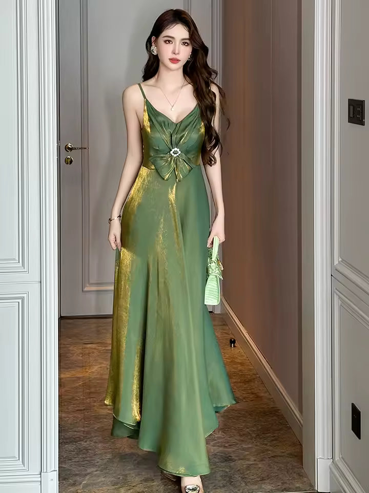Elegant Satin Spaghetti Strap Vacation Holiday Beach Clothes Sweet Bow Sling A-Line Maxi Long Dress