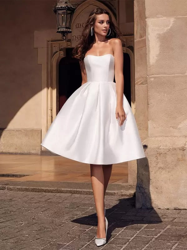 Elegant Satin Strapless Sleeveless Semi Formal Party Dress