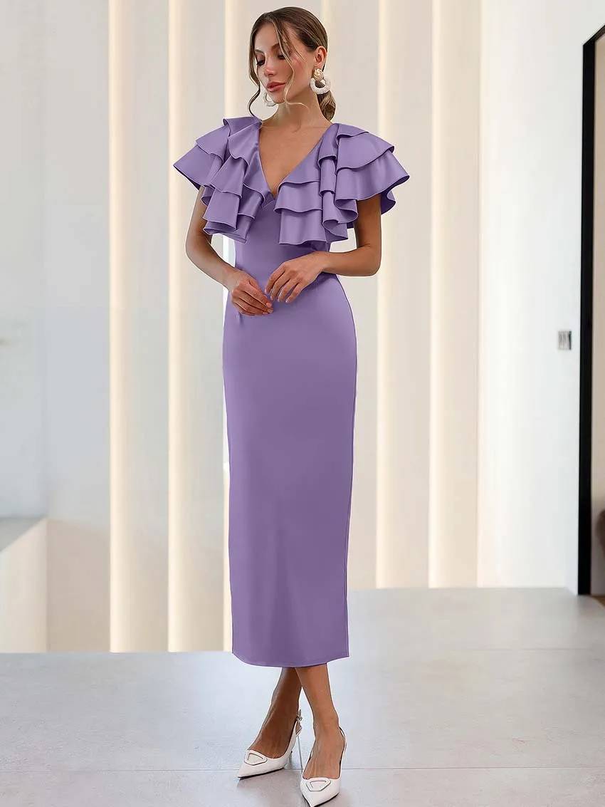 Elegant Satin V-Neck Ruffled Sleeveless Slim Straight Mid-Calf Dress