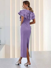 Elegant Satin V-Neck Ruffled Sleeveless Slim Straight Mid-Calf Dress