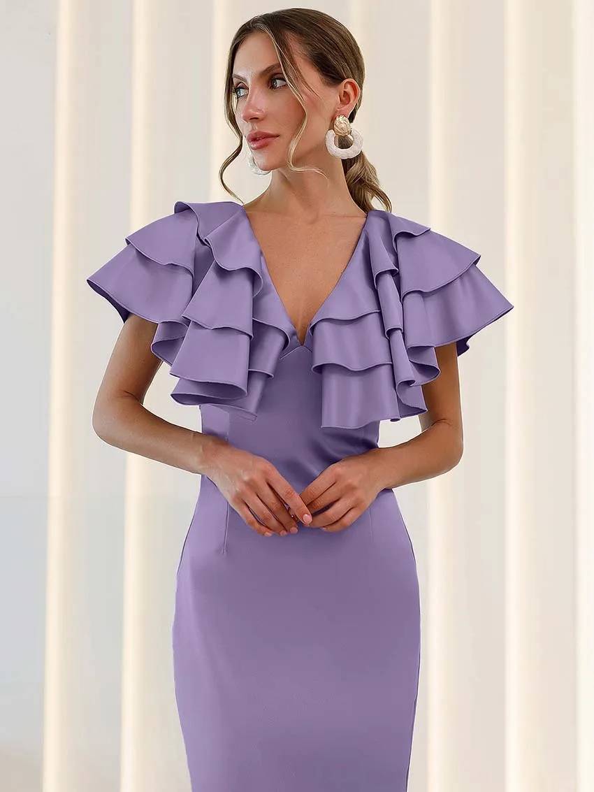 Elegant Satin V-Neck Ruffled Sleeveless Slim Straight Mid-Calf Dress