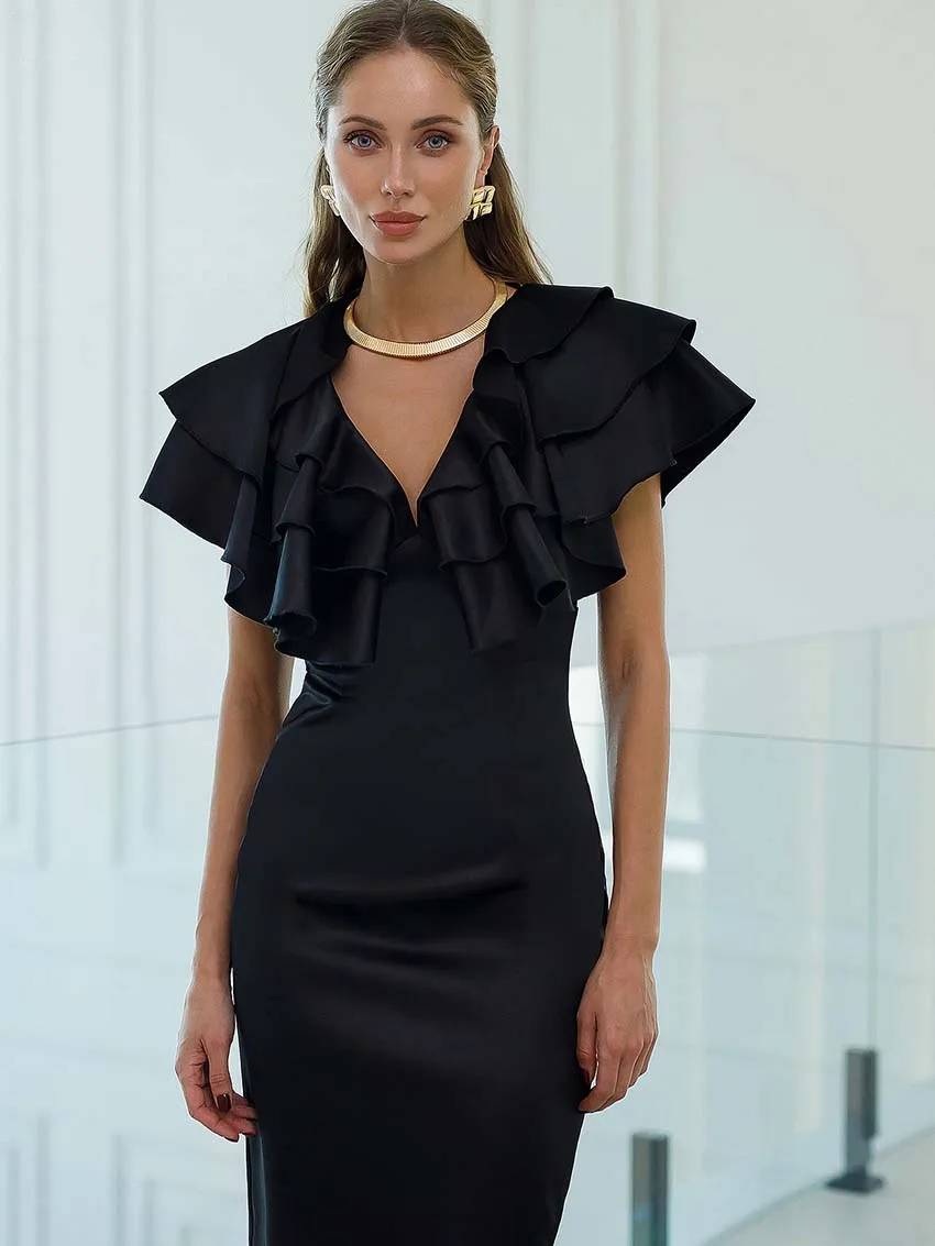 Elegant Satin V-Neck Ruffled Sleeveless Slim Straight Mid-Calf Dress