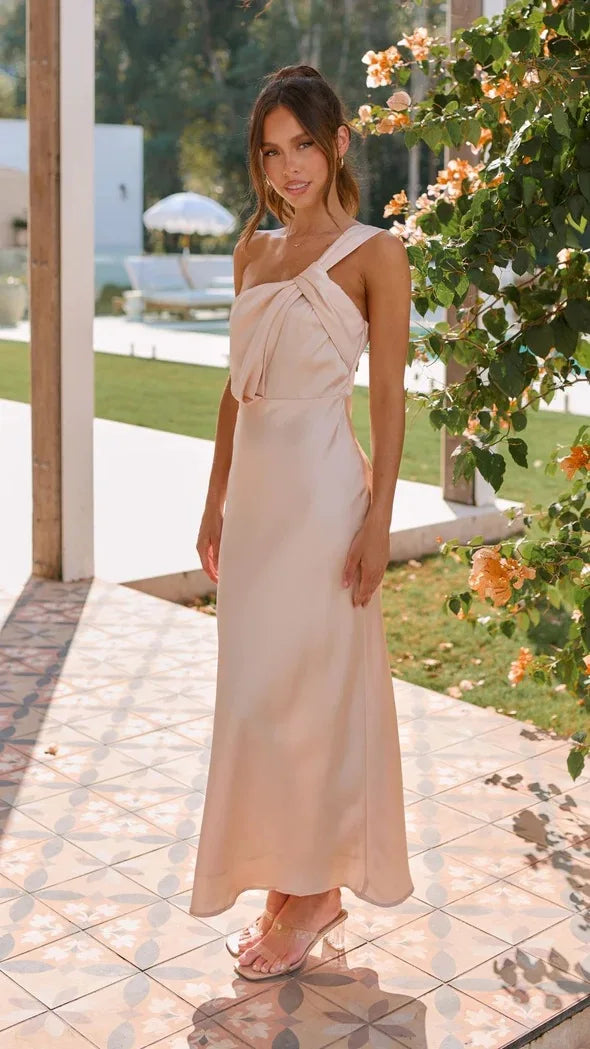 Elegant Satin With Slanted Shoulders Hip Hugging Style Solid Color Dress