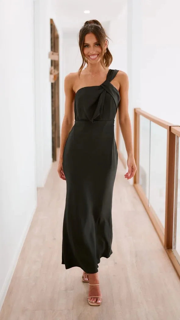 Elegant Satin With Slanted Shoulders Hip Hugging Style Solid Color Dress