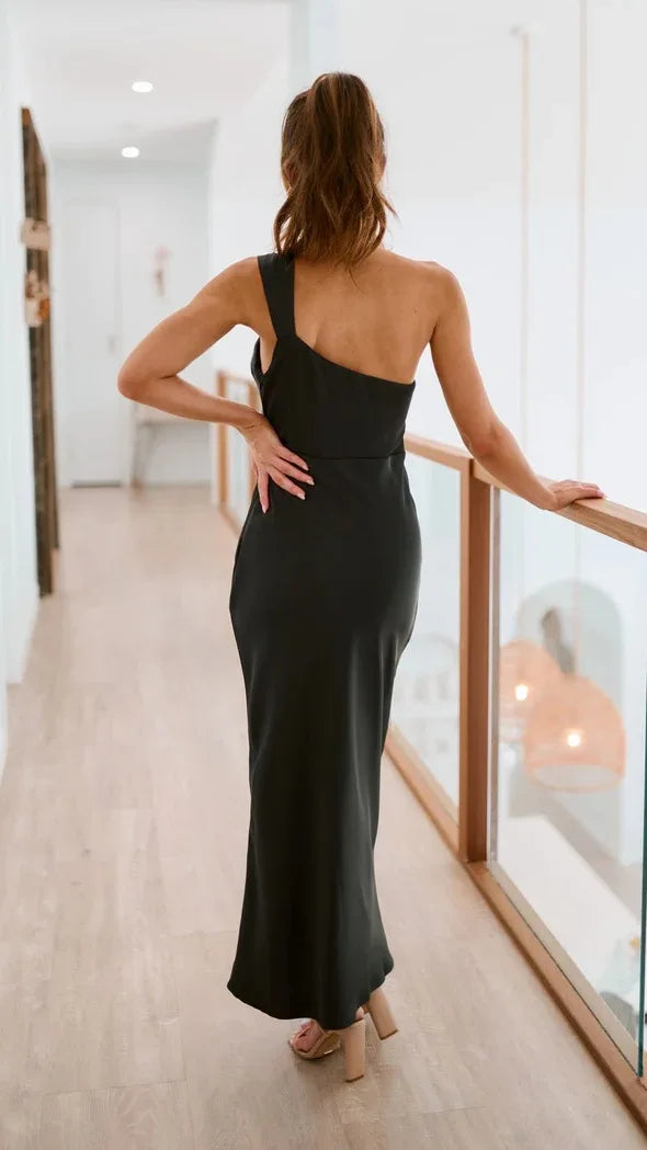 Elegant Satin With Slanted Shoulders Hip Hugging Style Solid Color Dress