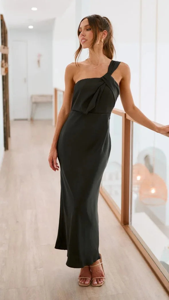 Elegant Satin With Slanted Shoulders Hip Hugging Style Solid Color Dress