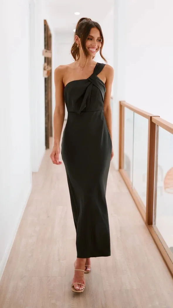 Elegant Satin With Slanted Shoulders Hip Hugging Style Solid Color Dress