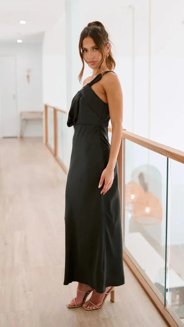 Elegant Satin With Slanted Shoulders Hip Hugging Style Solid Color Dress