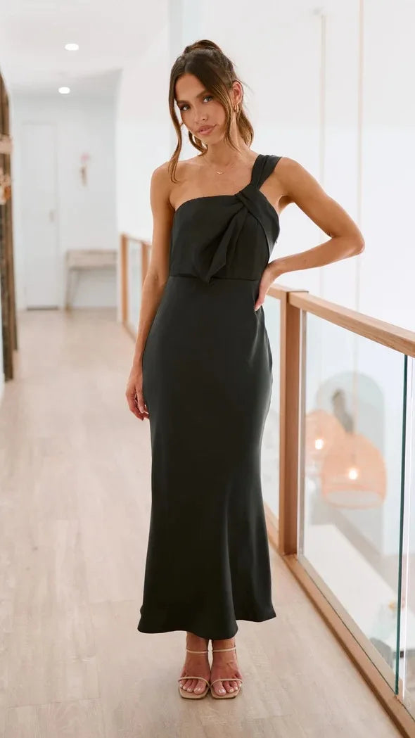 Elegant Satin With Slanted Shoulders Hip Hugging Style Solid Color Dress