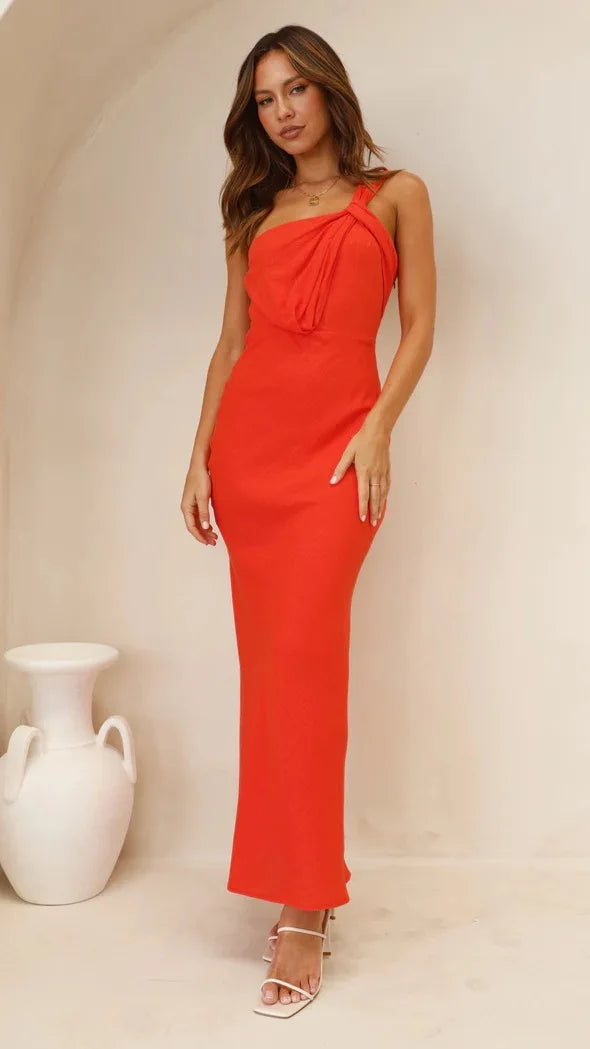 Elegant Satin With Slanted Shoulders Hip Hugging Style Solid Color Dress