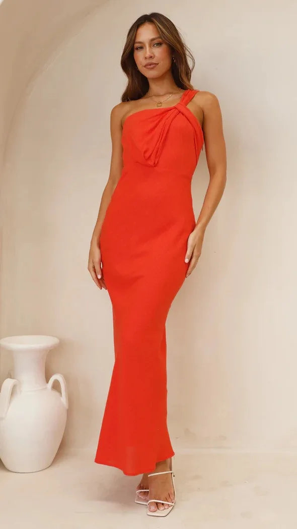 Elegant Satin With Slanted Shoulders Hip Hugging Style Solid Color Dress