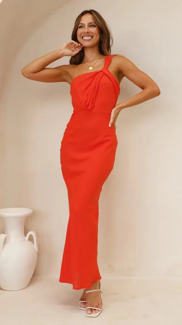 Elegant Satin With Slanted Shoulders Hip Hugging Style Solid Color Dress
