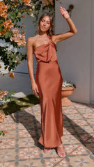 Elegant Satin With Slanted Shoulders Hip Hugging Style Solid Color Dress