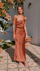 Elegant Satin With Slanted Shoulders Hip Hugging Style Solid Color Dress