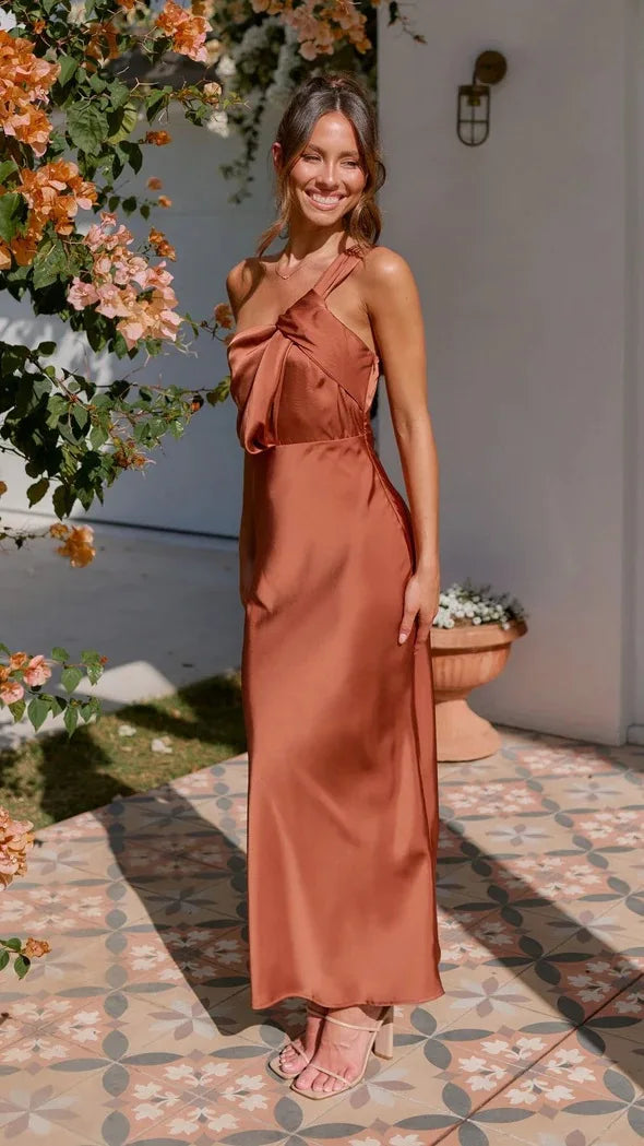 Elegant Satin With Slanted Shoulders Hip Hugging Style Solid Color Dress