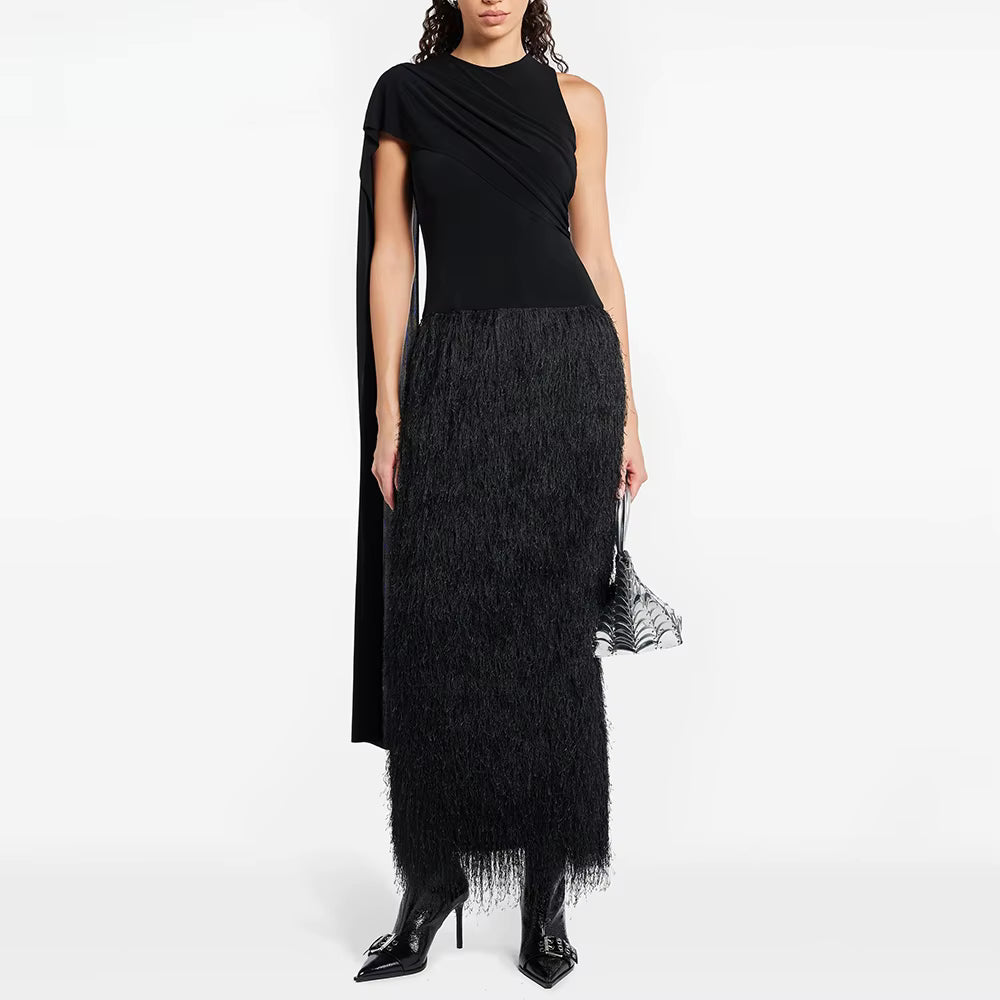 Elegant Scarf Neck Sleeveless Patchwork Tassels Temperament Maxi Dress
