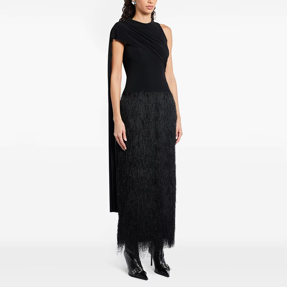 Elegant Scarf Neck Sleeveless Patchwork Tassels Temperament Maxi Dress