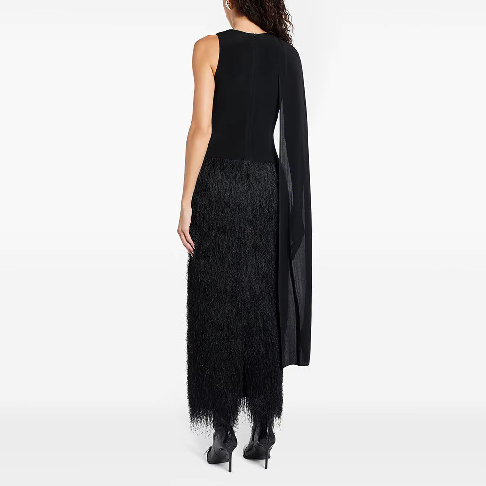 Elegant Scarf Neck Sleeveless Patchwork Tassels Temperament Maxi Dress