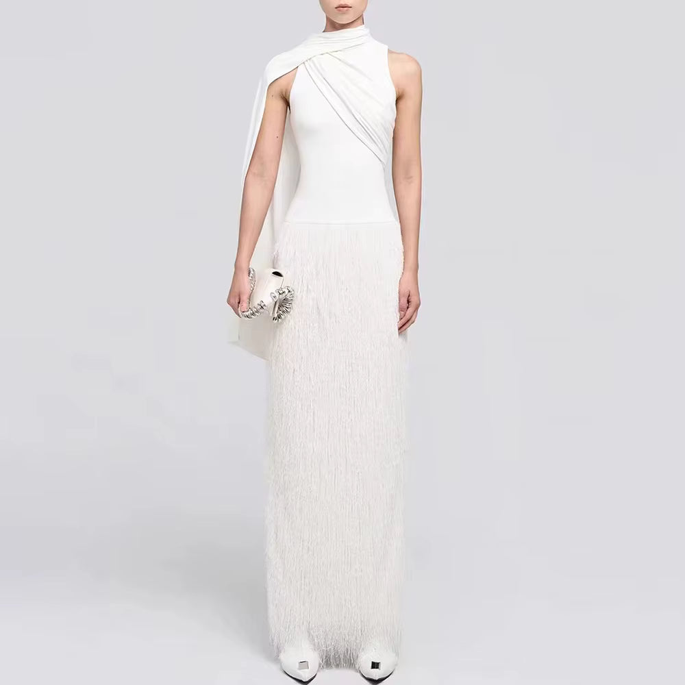 Elegant Scarf Neck Sleeveless Patchwork Tassels Temperament Maxi Dress