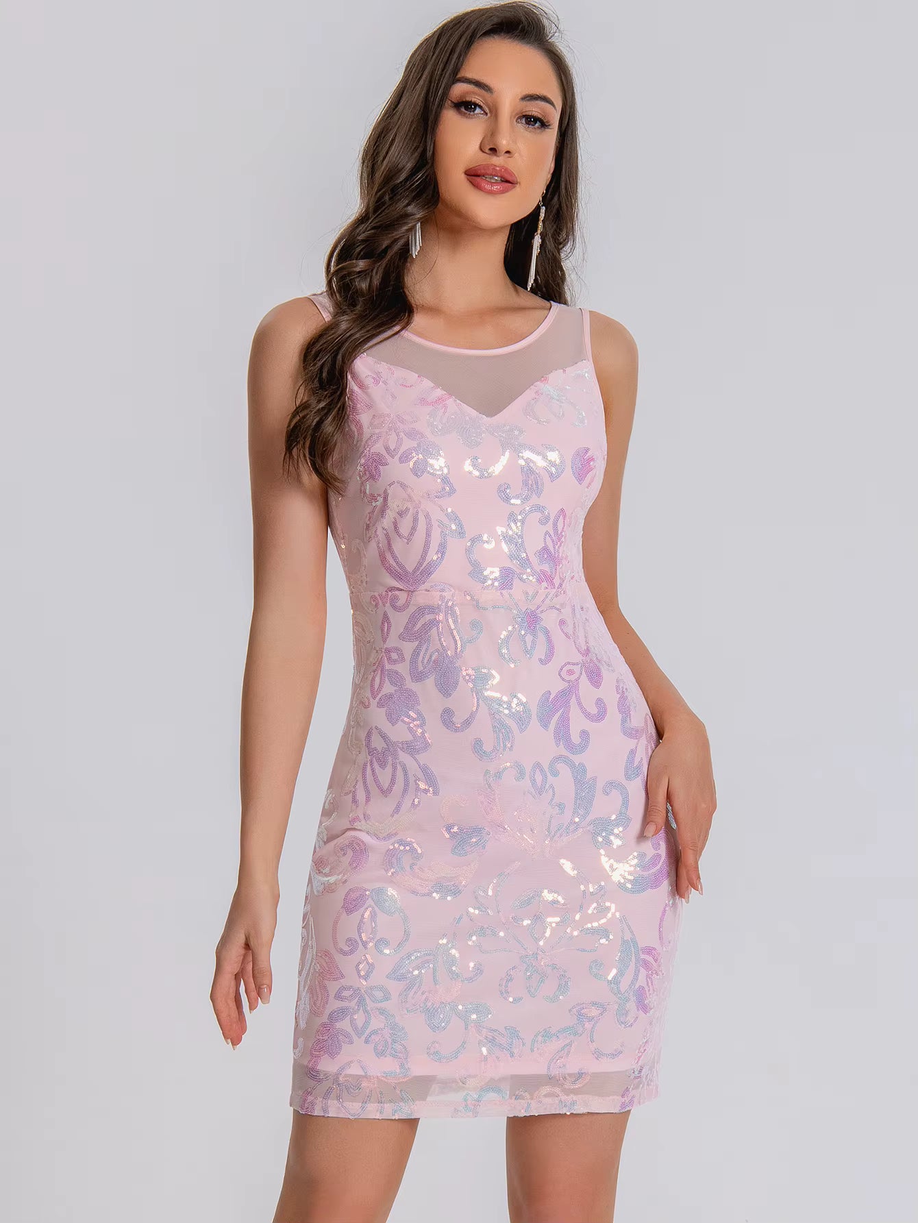 Elegant See Synthetic Fiber Through Sequin Prom Short Mini Dresses
