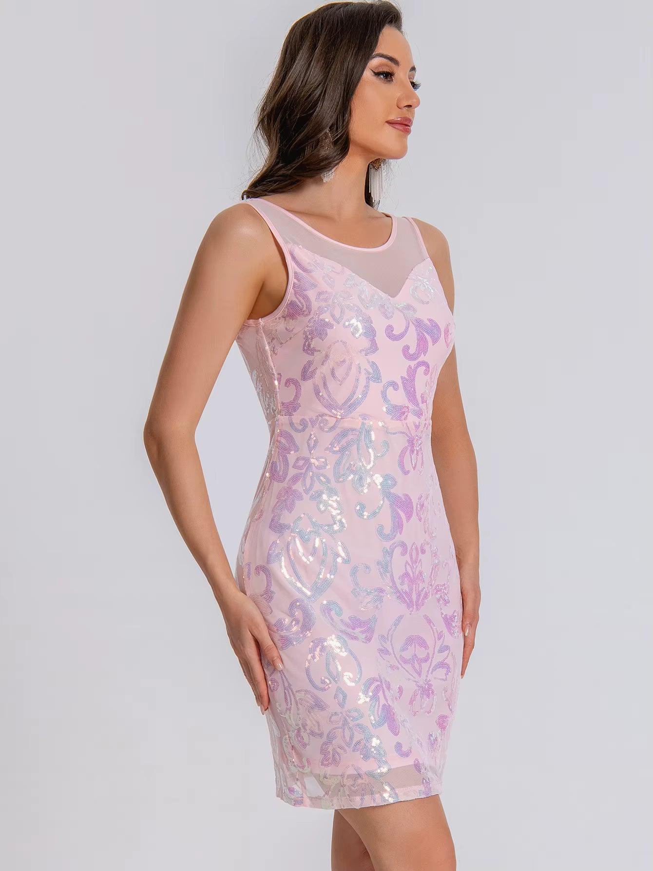 Elegant See Synthetic Fiber Through Sequin Prom Short Mini Dresses