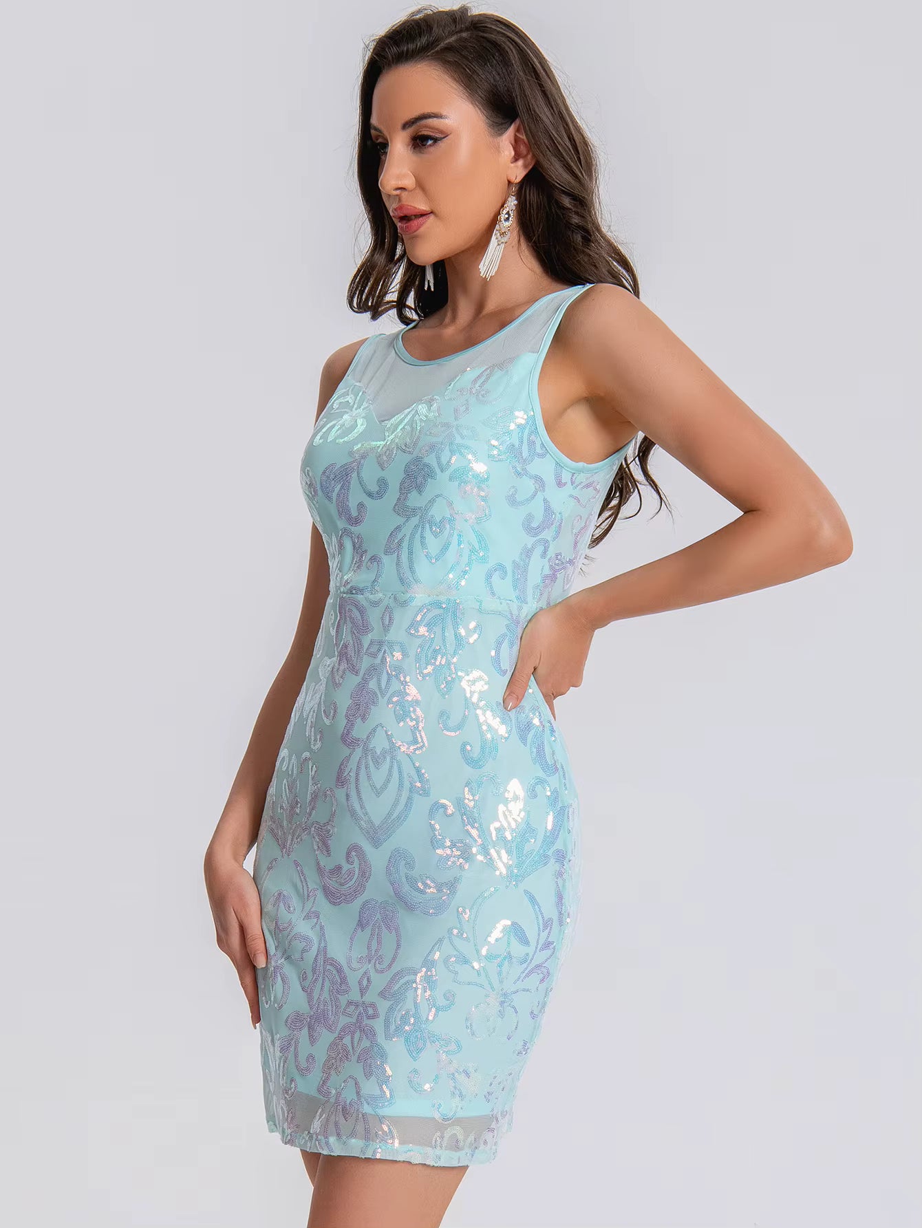 Elegant See Synthetic Fiber Through Sequin Prom Short Mini Dresses