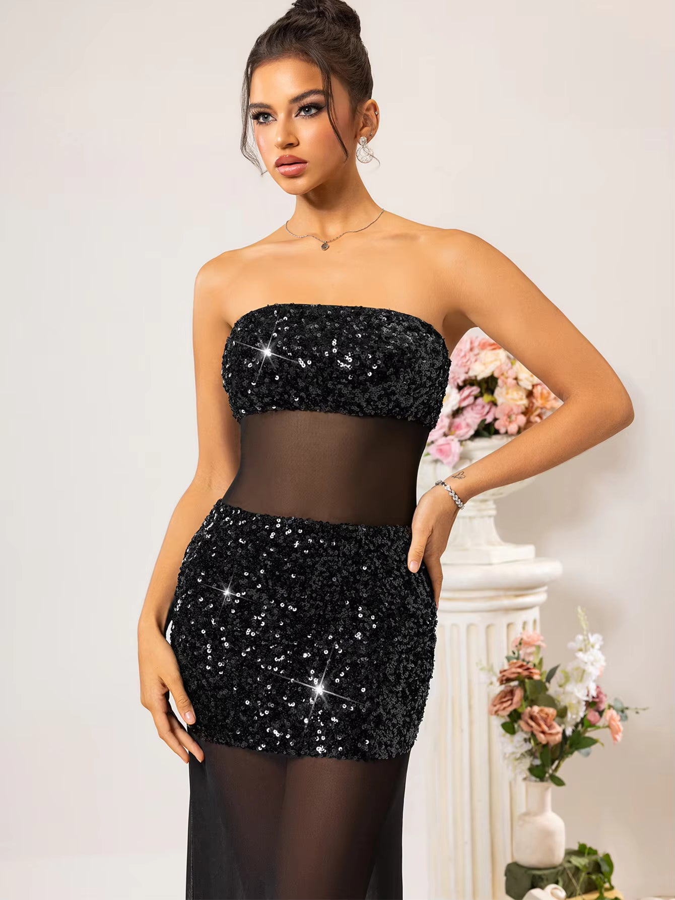 Elegant See Through Ankle-Length Mesh Backless Bodycon Dress