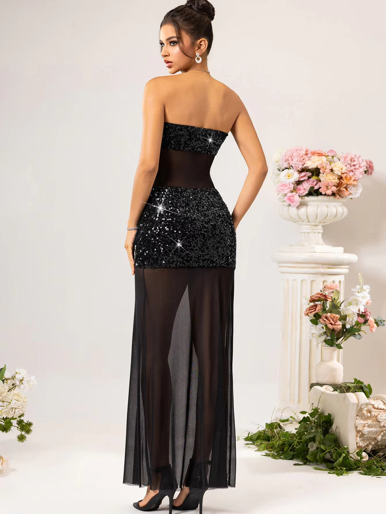 Elegant See Through Ankle-Length Mesh Backless Bodycon Dress