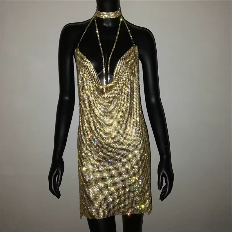 Elegant See Through Shining Sequined Split Irregular Rhinestone Mini Dress