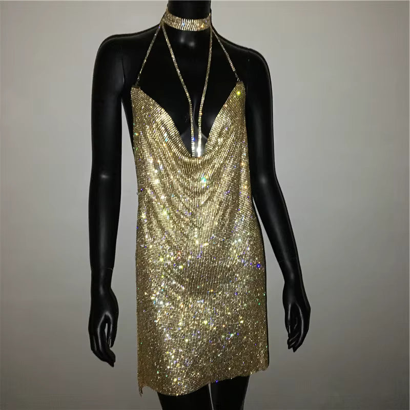 Elegant See Through Shining Sequined Split Irregular Rhinestone Mini Dress