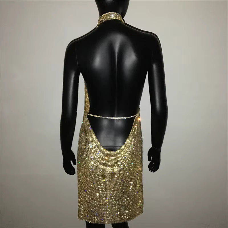 Elegant See Through Shining Sequined Split Irregular Rhinestone Mini Dress