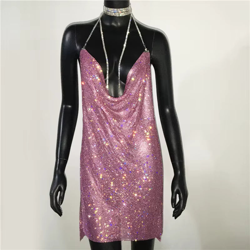 Elegant See Through Shining Sequined Split Irregular Rhinestone Mini Dress