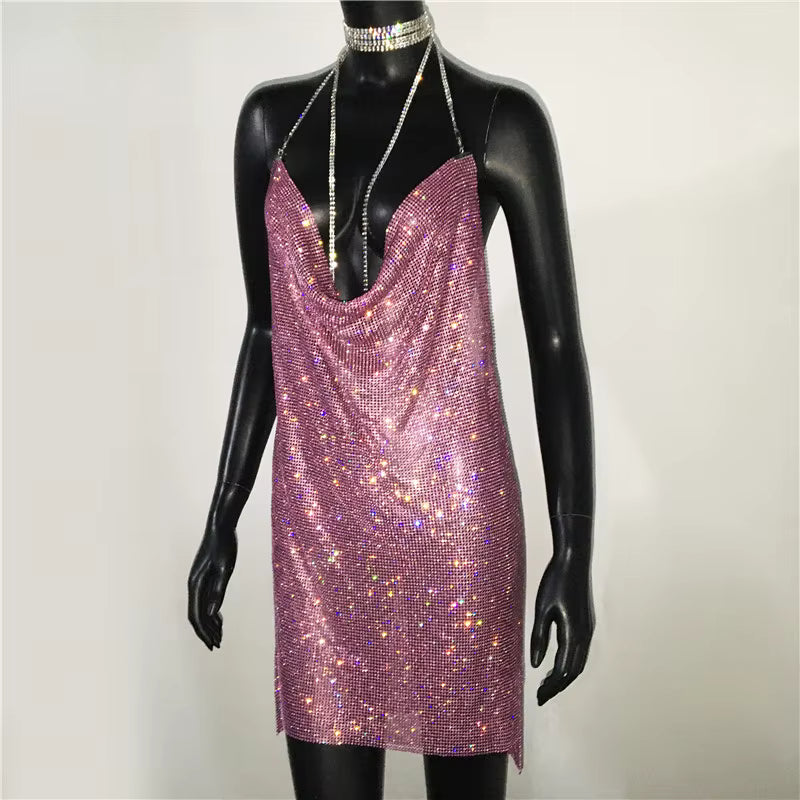 Elegant See Through Shining Sequined Split Irregular Rhinestone Mini Dress