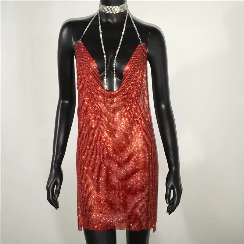 Elegant See Through Shining Sequined Split Irregular Rhinestone Mini Dress