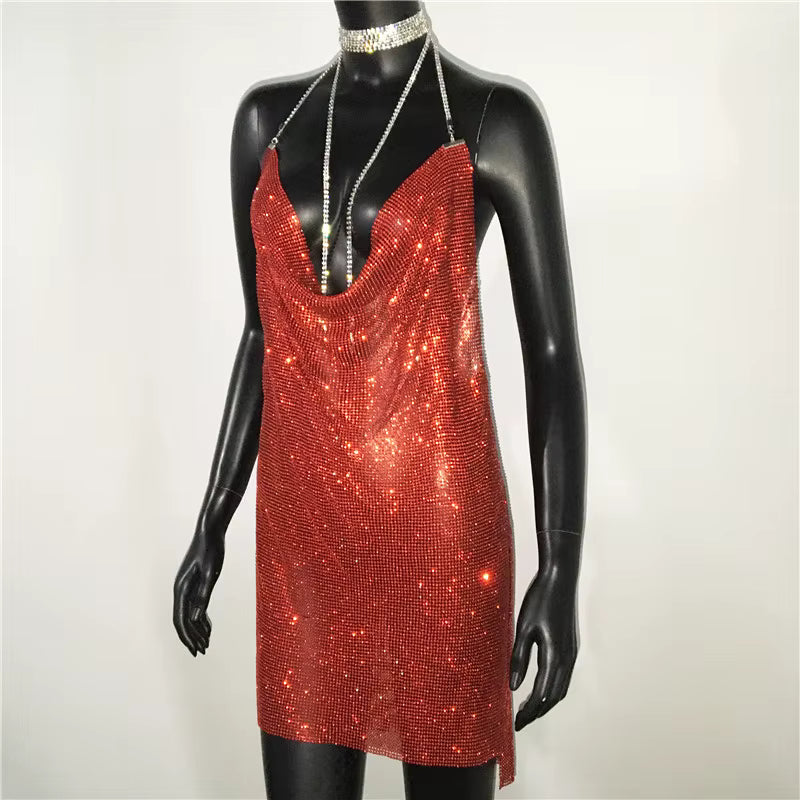 Elegant See Through Shining Sequined Split Irregular Rhinestone Mini Dress