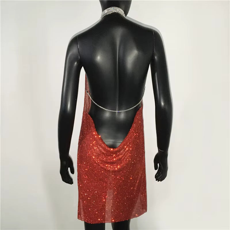 Elegant See Through Shining Sequined Split Irregular Rhinestone Mini Dress