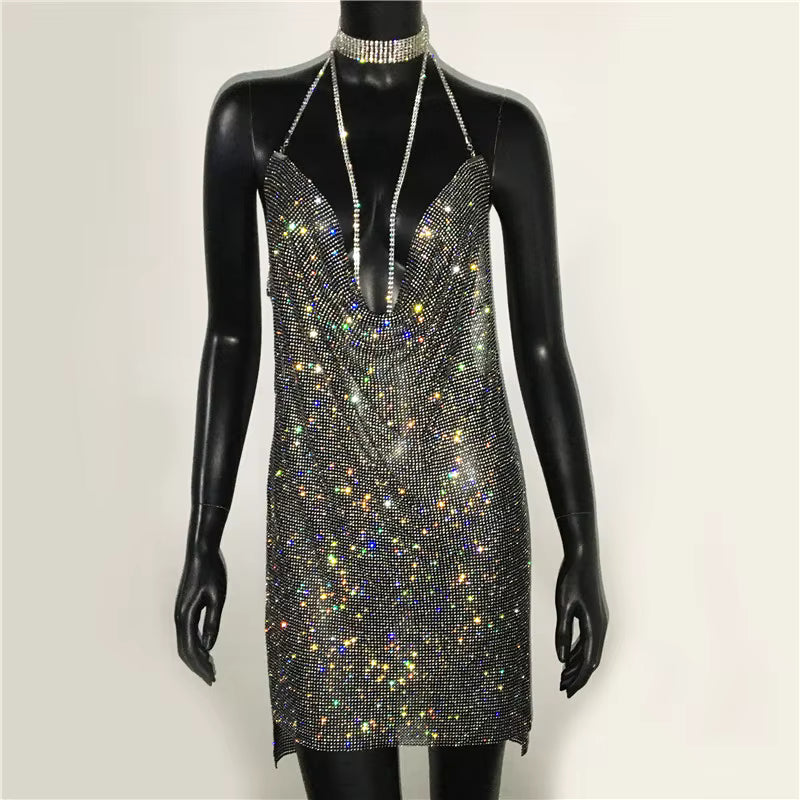 Elegant See Through Shining Sequined Split Irregular Rhinestone Mini Dress