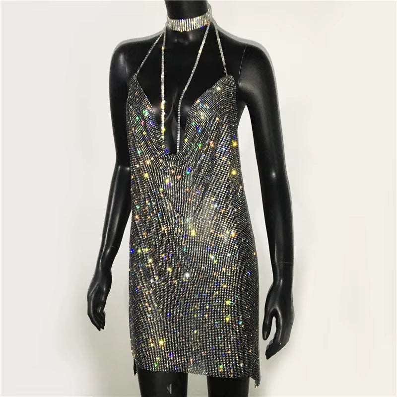 Elegant See Through Shining Sequined Split Irregular Rhinestone Mini Dress