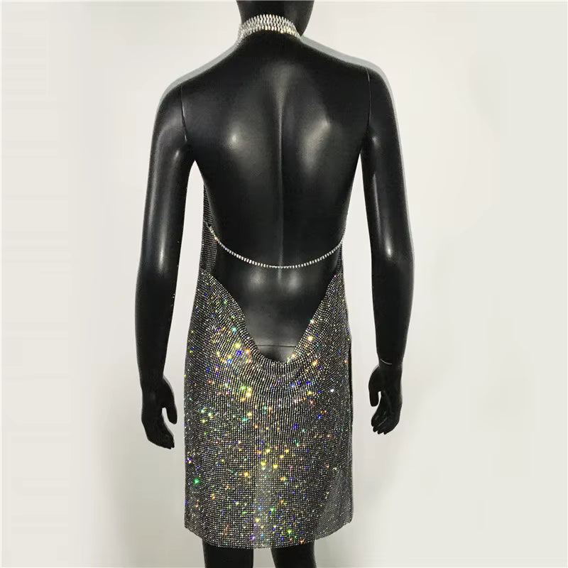 Elegant See Through Shining Sequined Split Irregular Rhinestone Mini Dress