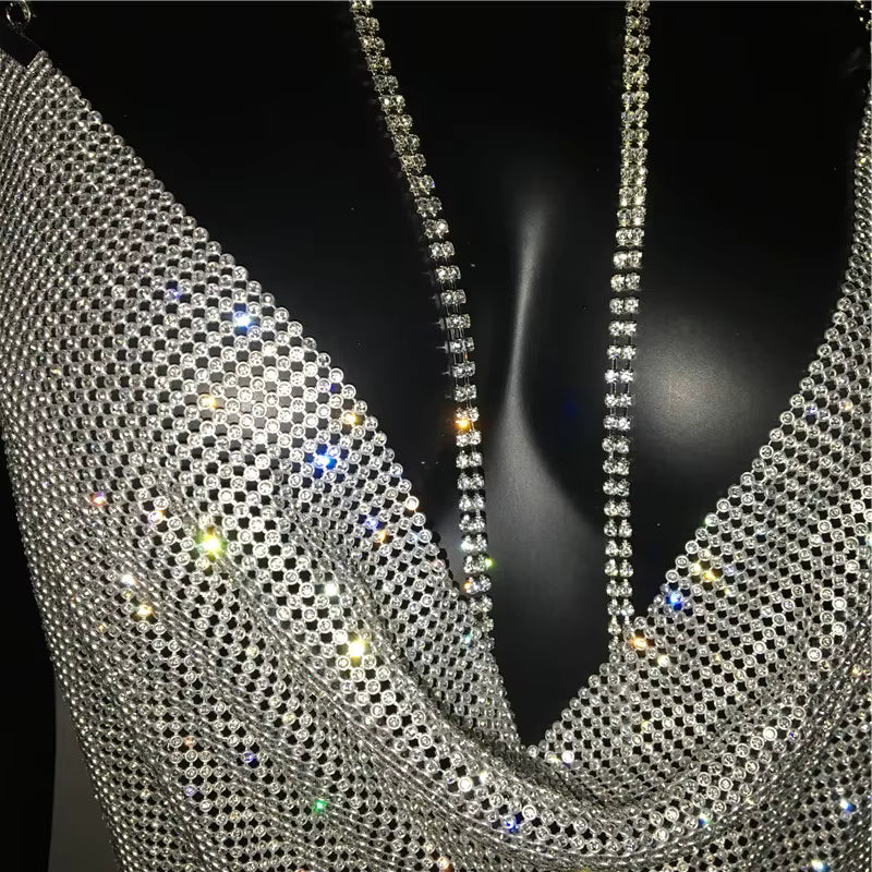 Elegant See Through Shining Sequined Split Irregular Rhinestone Mini Dress