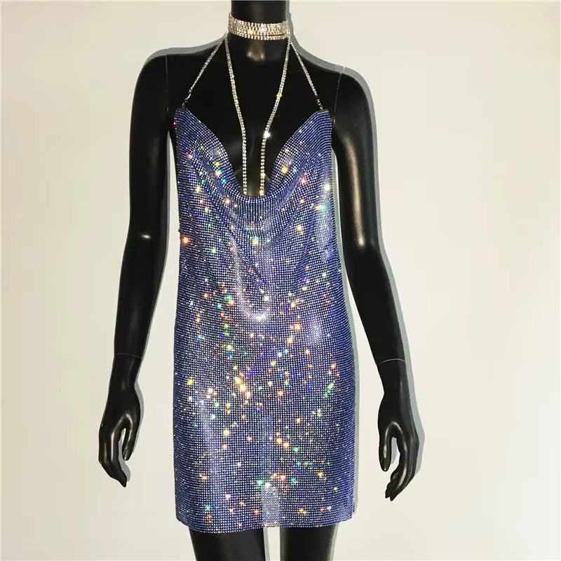 Elegant See Through Shining Sequined Split Irregular Rhinestone Mini Dress
