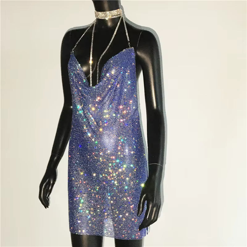 Elegant See Through Shining Sequined Split Irregular Rhinestone Mini Dress