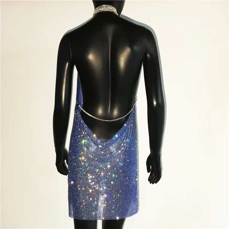 Elegant See Through Shining Sequined Split Irregular Rhinestone Mini Dress