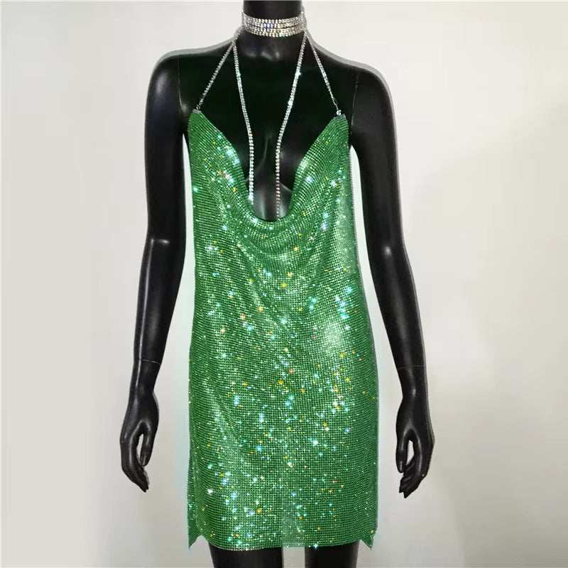 Elegant See Through Shining Sequined Split Irregular Rhinestone Mini Dress