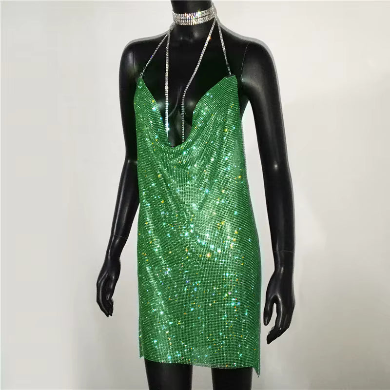 Elegant See Through Shining Sequined Split Irregular Rhinestone Mini Dress