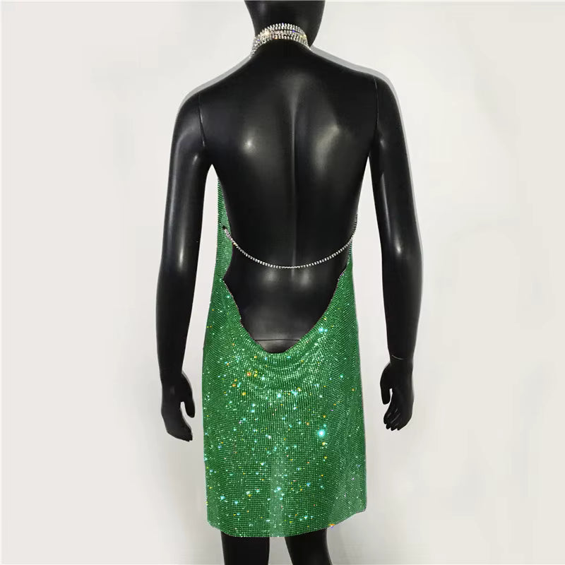 Elegant See Through Shining Sequined Split Irregular Rhinestone Mini Dress